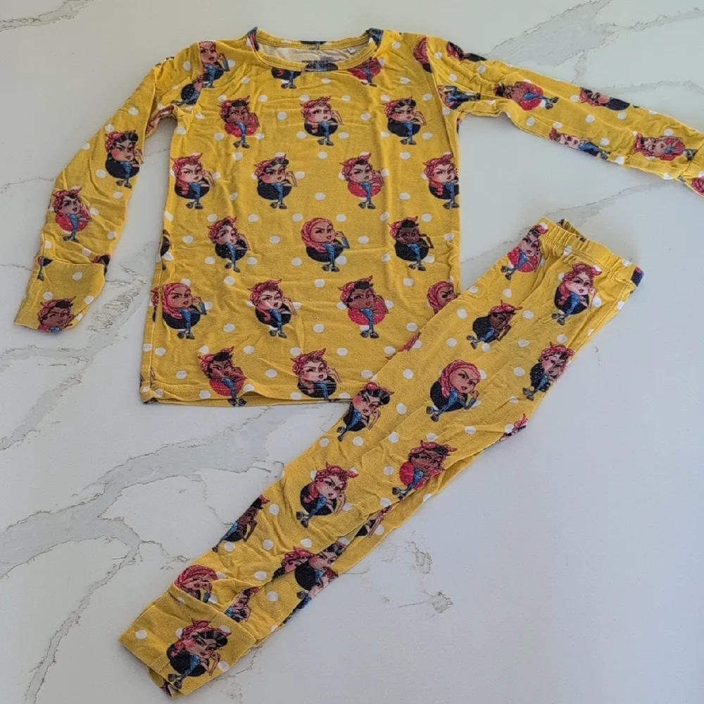 Posh Peanut Yellow Character Print Long Sleeve Pajama Set with White Polka Dots